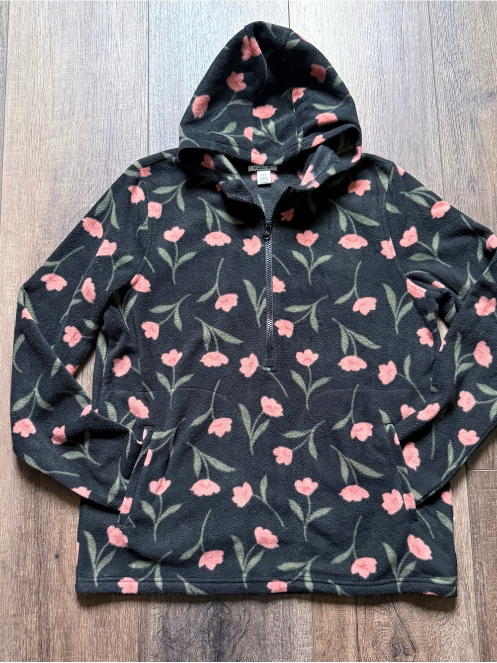 O'Neill Black Fleece Hoodie with Pink Floral Accents